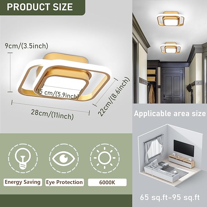 2 Packs Modern Led Ceiling Light Acrylic Square Small Ceiling Lamp Cool White 6000K Hallway Lighting Fixtures for Bedroom Kitchen Living Room Study Hallway Small Asile Lamp Corridor Lights (Gold)