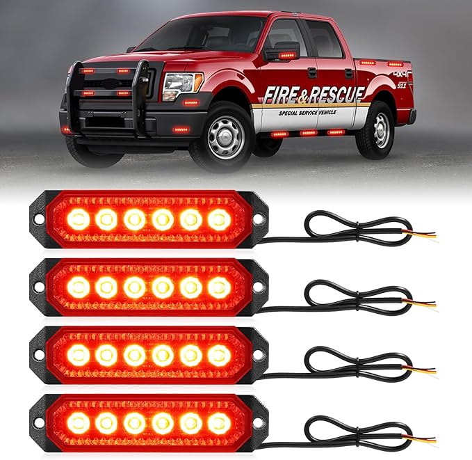 HLauto 406T Emergency Strobe Grille Lights: 4Pcs 6 LED Sync Feature Safety Warning Flashing Light, 12V-24V Ultra Slim Surface Mount Hazard Caution Light for Truck, Vehicle, Car, ATV, UTV (Red)