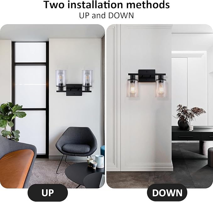 2-Light Matte Black Bathroom Vanity Light,Bathroom Light Fixtures Over Mirror with Clear Glass Shade,Modern Farmhouse Wall Sconces Lighting for Kitchen Living Room Cabinet