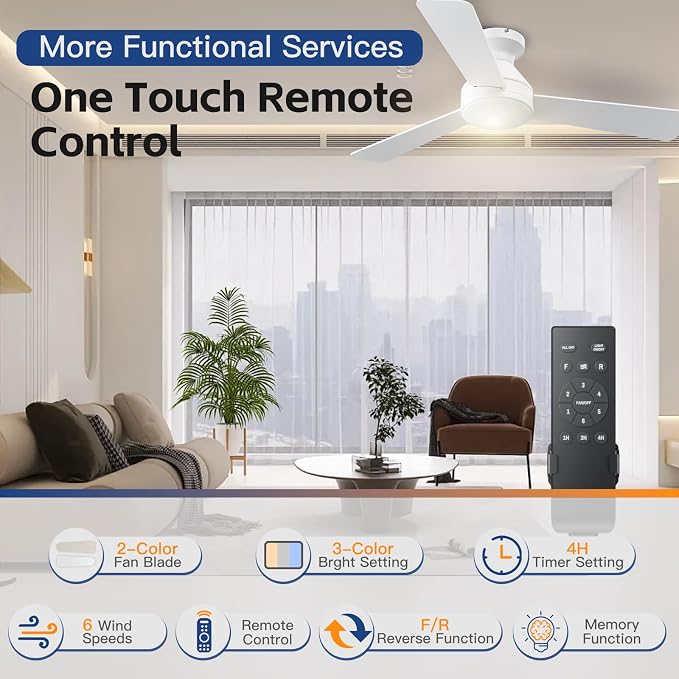 42 Inch Ceiling Fans with Lights And Remote, 3CCT/Flush Mount/6 Speed/White | Flush Mount Low Profile Ceiling Fan, 6 Speed Noiseless LED Ceiling Fan, White Ceiling Fan with Remote for Bedroom Living Room