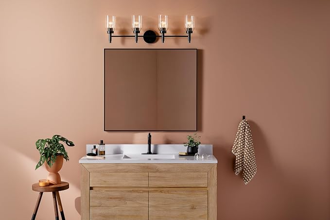 Kichler Madden 4-Light Bathroom Vanity Light, Black | Modern vanity light with clear glass for single or double bathroom mirrors (34" x 10.5"), 55186BK