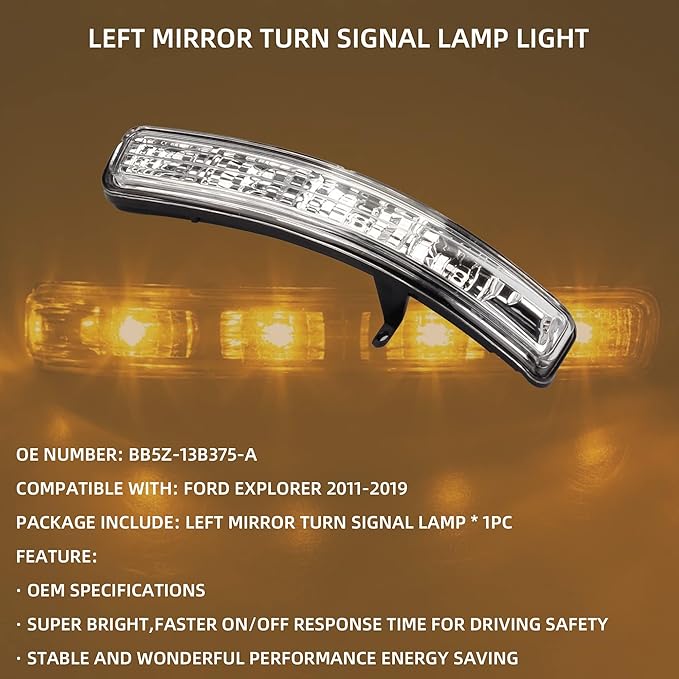 Dasbecan Left Mirror Light Turn Signal Lamp Compatible with Ford Explorer 2011-2019 Driver Side Led Indicator Lights Replaces# BB5Z-13B375-A BB5Z13B375A