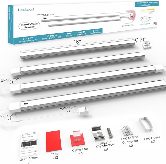 Hand Wave Under Cabinet LED Lighting Plug in, 16 Inch 4-Pcs Dimmable Linkable Ultra Thin Aluminum Alloy Housing, 4000K Natural White Motion Sensor Counter Lights for Kitchen, Shelf, Cupboard