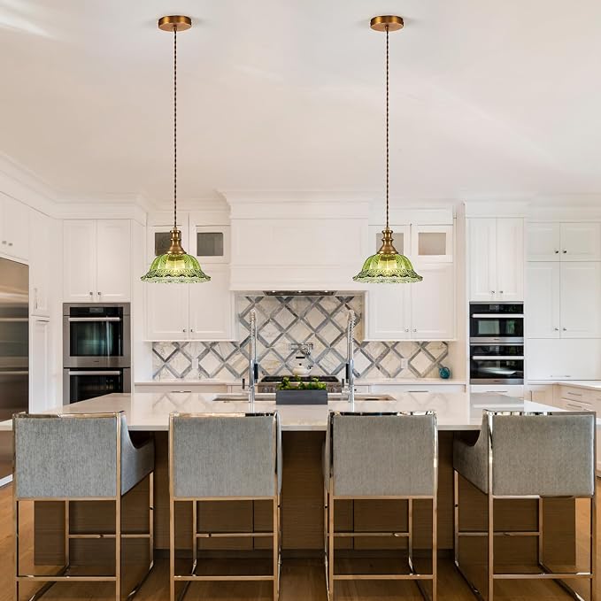 HDDFL Glass Pendant Lights Modern Pendant Lighting Fixtures Hanging Lamp for Kitchen Island Bedroom Dining Room Coffee Shop Hallway Green and Brass 2 Pack