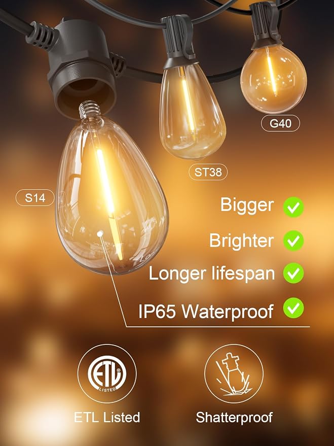 Svater Outdoor String Lights LED 100FT, Waterproof for Outside Patio Light | Commercial Grade Hanging Lighting for Bistro Cafe Backyard Porch Party, Shatterproof IP65 LED Bulbs,Warm White