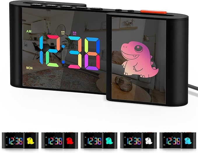 Alarm Clock,Alarm Clocks Bedside with Cute Cartoon,7.2''Large Mirror Clock,11 Colors Digital,10 Color RGB Cartoon,Week Display,Auto Dimming,Dual Alarms,USB Port,5 Levels Volume for Bedroom Table Decor