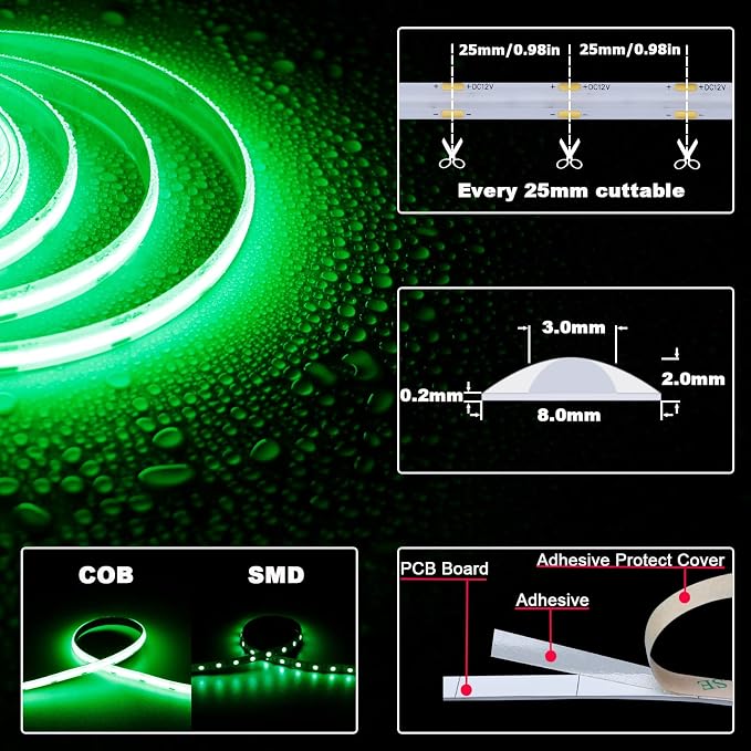 TOPAI 12V COB LED Strip Green 16.4ft Dotless Outdoor IP65 Waterproof | High Density 480LEDs/M, Uniform Lighting, Cuttable, Flexible, Self Adhesive Easy Install for Living Room, Bar