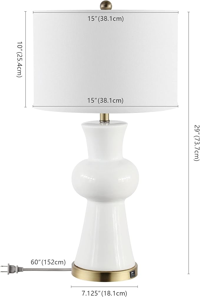 SAFAVIEH Lighting Collection - Lola Column Table Lamp, 30" White Ceramic Body with Drum Shade, Modern Accent Light (LIT4150B)