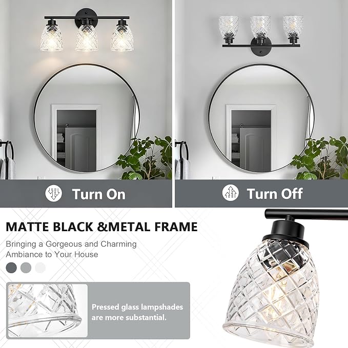 3-Light Vanity Light Over Mirror, Black Bathroom Light Fixtures | Modern Farmhouse Wall Lamp with Hammered Glass Lampshade for Kitchen Hallway Bedroom Living Room Cabinet Porch-18.1IN