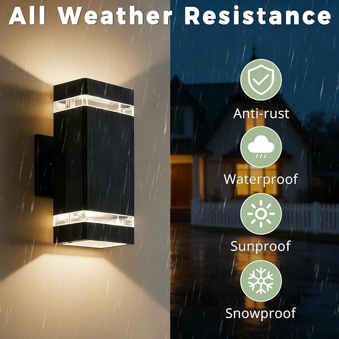 JYV Dusk to Dawn Square Outdoor Wall Lights, Up and Down Porch Lights,Black | Aluminum Exterior Lighting Fixtures with 2 * 7W Bulbs 3000K, Waterproof Outdoor Sconces Wall Lighting, for House Porch Garage