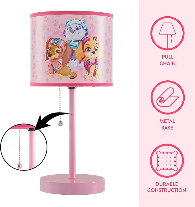 Paw Patrol Stick Table Lamp for Kids – Featuring Everest, Liberty & Skye, Pull Chain On/Off, Printed Decorative Shade, Perfect for Bedroom, Nursery or Playroom