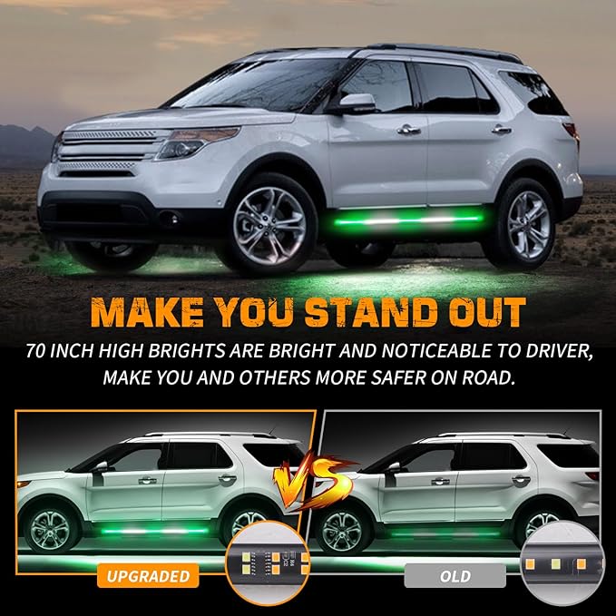 XRIDONSEN 2PCS 60 inch Green White Emergency Lights Strip 720 LED Running Board Strobe Lights Flashing Warning Safety First Responder for Firefighter Vehicles POV Fire Trucks Pickup SUV