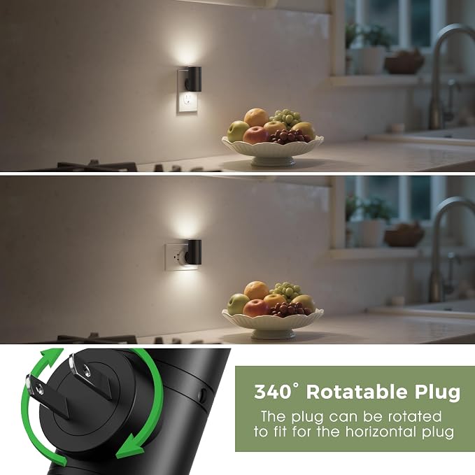 L LOHAS LED Bright Night Lights Plug into Wall,Daylight White,Rotating,Mini | Dimmable Nightlight Plug in, Light Sensor Night Light, LED Nightlights, Hallway Bedroom Bathroom Kitchen,[Black Shade,2 Pack]
