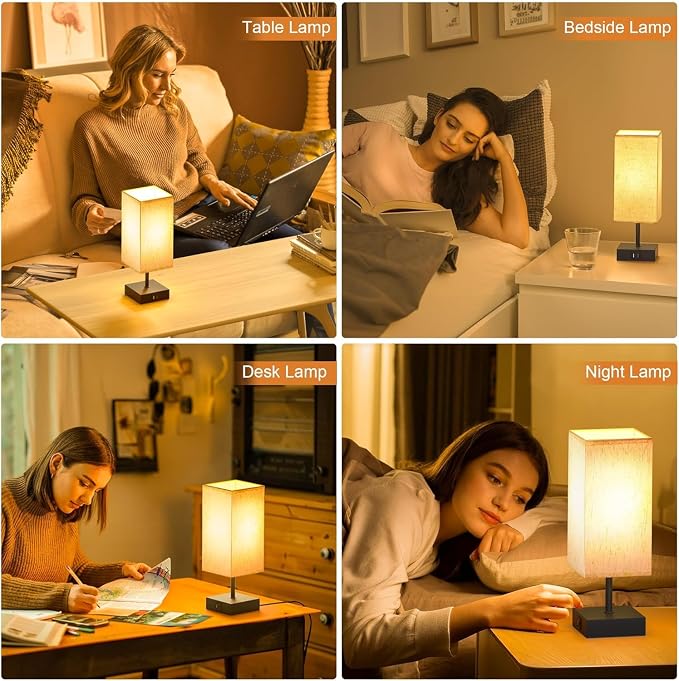 Bedside Table Lamps for Bedroom Touch Nightstand Lamp with USB C+A | Beige Lampshade 14-inch, 3 Way Dimmable, Small Bedside Lamps for Living Room, Dorm, Office, Home Decor, LED Bulbs Included