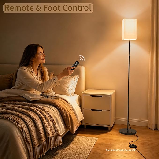63.8" Square Floor Lamp with White Fabric Shade | Dimmable with Remote and Foot Switch, 3 Color Temperatures, 9W LED Bulb Included, Ideal for Living Room, Bedroom or Office