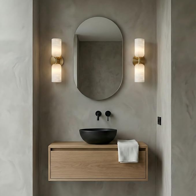 Gold Alabaster Wall Sconces Set of 2, 14in Spanish Natural Marble Sconce, Modern Stone Wall Light, Dimmable Alabaster Vanity Light Hardwired Brass Wall Lamp for Bathroom Mirror, Bedroom, Hallway