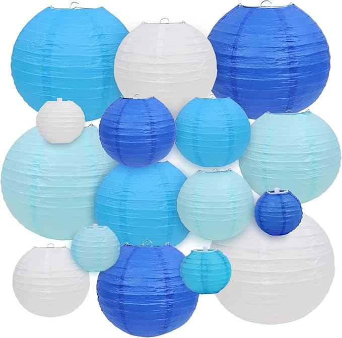 LURICO 16 Pcs Blue/White Paper Lanterns (Size of 4”, 6”, 8”, 10”) - Chinese/Japanese Paper Hanging Decorations Ball Lanterns Lamps for Home Decor, Parties, and Weddings