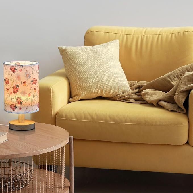 Ladybug Flowers Botanical Table Lamp for Bedroom USB Port Lamps Small Accent Table Lamp Nightstand Lamp Study Linen Shade with Wooden Base, Decorative Lamps for Bedside Reading|Kids|Dorm|Home