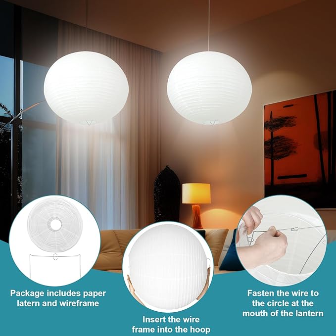 2 Sets Jumbo Round Paper Lanterns with Lamp Cord Cable White Hanging Paper Lanterns Chinese Japanese Pendant Hanging Lamp for Birthday Wedding Bridal Anniversary Party Decoration(30 Inch)