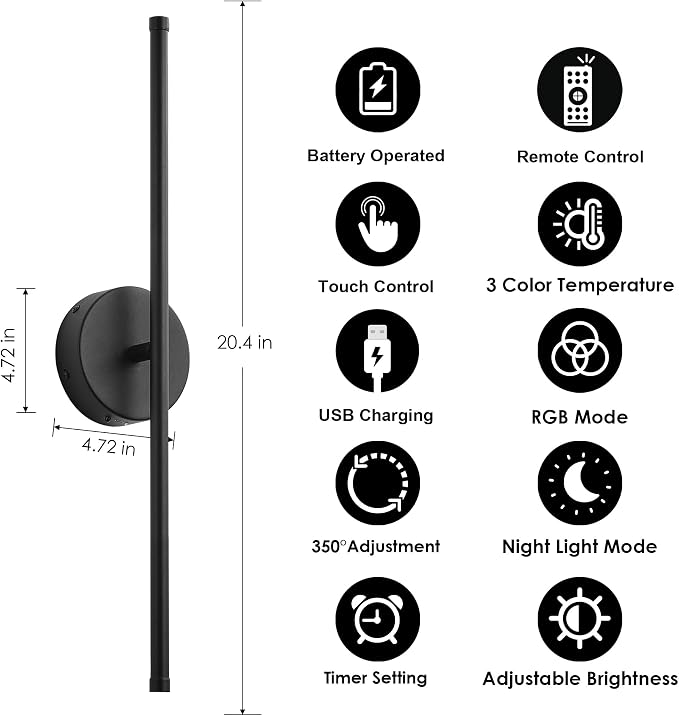 KARTOOSH Battery Operated Wall Sconces Set of Two Wireless Wall Lights | Rechargeable Wall Sconce with Remote 350°Rotate Dimmable RGB 3CCT LED Wall Lamp for Living Room, Bedroom
