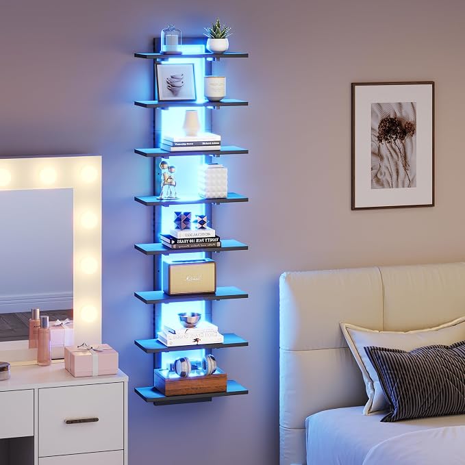 8 Tier Wall Shelf Unit Floating Shelves with LED Light, Vertical Wall Shelf, Wall Mounted Display Shelf for Living Room, Bedroom, Vanity, 15" W x 5.9" D x 58.3" H, Black