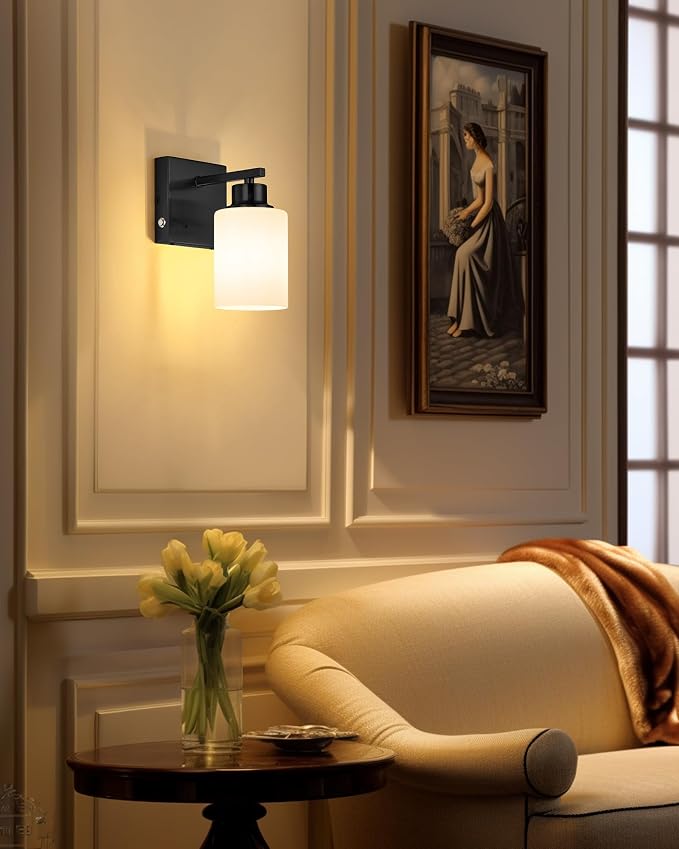 Wall Sconces Battery Operated Set of Two, Modern, White Glass, Black | Dimmable, Easy Install Rechargeable Wall Lights with Timer Remote for Living Room Bedroom, Emergency 3000K