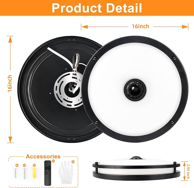16IN LED Motion Sensor Outdoor Ceiling Light with Remote, 32W | Dusk to Dawn, 2700K/3000K/3500K/4000K/5000K Dimmable, 4 Lighting Modes, Large Flush Mount Ceiling Light for Entryway, Black