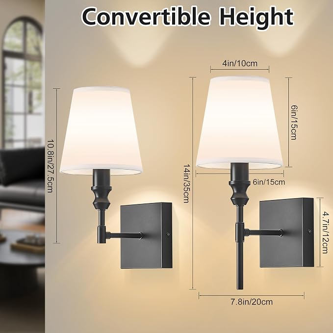 Vintage Bathroom Wall Sconce,Hardwired Bedside Wall Sconces Set of 2,Black Bathroom Light Fixture with White Fabric Shade for Bedroom Living Room Hallway Farmhouse,Convertible Height,E12 Base
