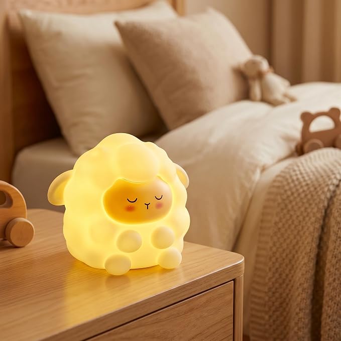 Cute Sleepy Sheep Silicone Night Light, Rechargeable Touch Control LED Lamp, 3 Level Dimmable Warm White Squishy Nursery Nightlight, Baby Kids Bedroom Bedside Decor Gift Lamp
