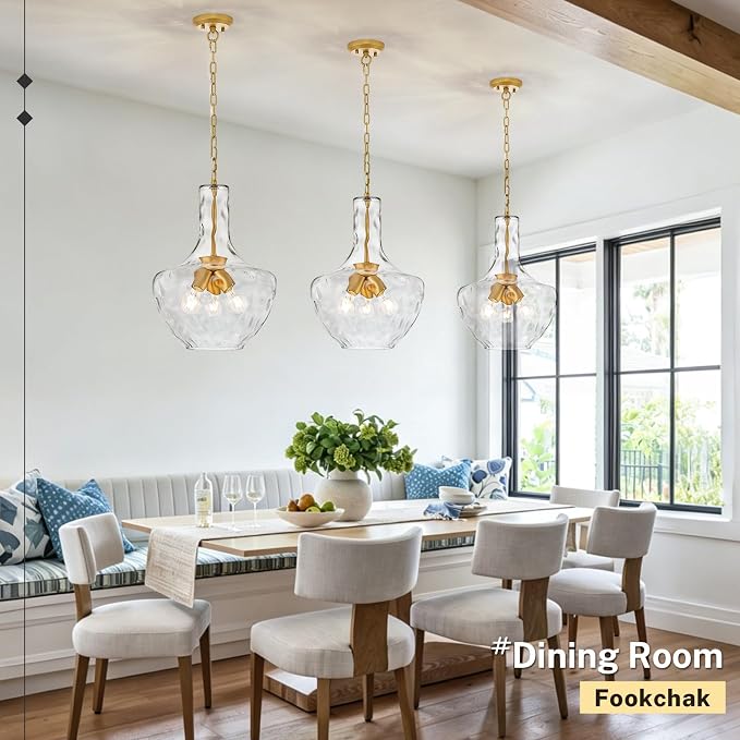 Modern 3-Light Gold Pendant Light Hammered Glass Kitchen Island Light Large Glass Pendant Lights Over Sink Brass Hand-Blown Glass Hanging Light for Kitchen Dining Room Hallway Entrance