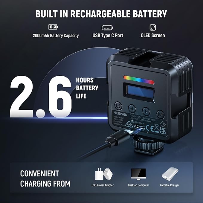 NEEWER RGB62 Magnetic RGB Video Light with Upgraded APP Control, 360° Full Color LED Camera Light with 3 Cold Shoes CRI97+ 2500K-8500K 17 Scenes 2000mAh Rechargeable Portable Photography Lighting