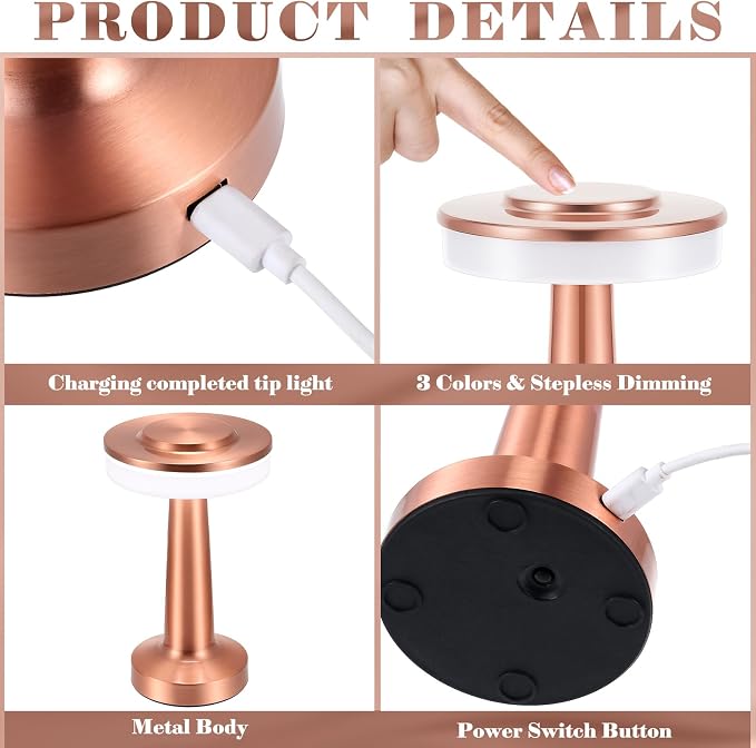 Riakrum 1 Pcs Rose Gold LED Portable Cordless Table Lamp Bulk with Touch Sensor 3 Color Stepless Dimming Rechargeable Battery up to 15 Hours Cordless Table Light Wireless Lamp Wedding Home