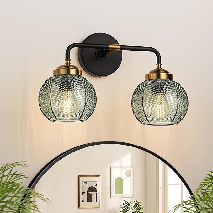 MOKATNG Bathroom Light Fixtures, 2-Light Green Vanity Lights with Unique Leaf Texture Glass Shade, Modern Matte Black and Gold Bathroom Wall Lamp for Mirror Hallway Cabinet Living Room