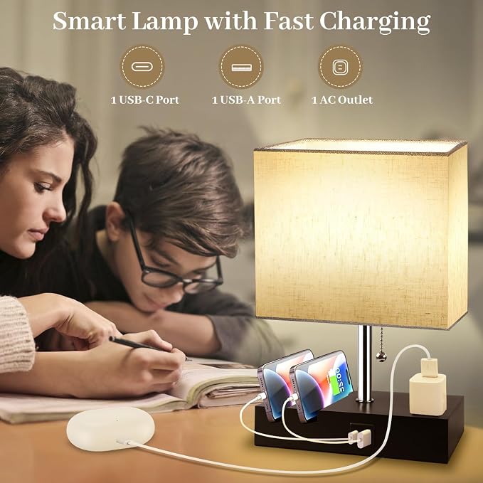 Smart RGB Dimmable Table Lamp Work with Alexa&APP&Remote Control, Beige | Bedside Desk Lamp with Charging Ports&Outlet&Phone Stand, Music Sync Nightstand Lamp for Bedroom Living Room Office Dorm