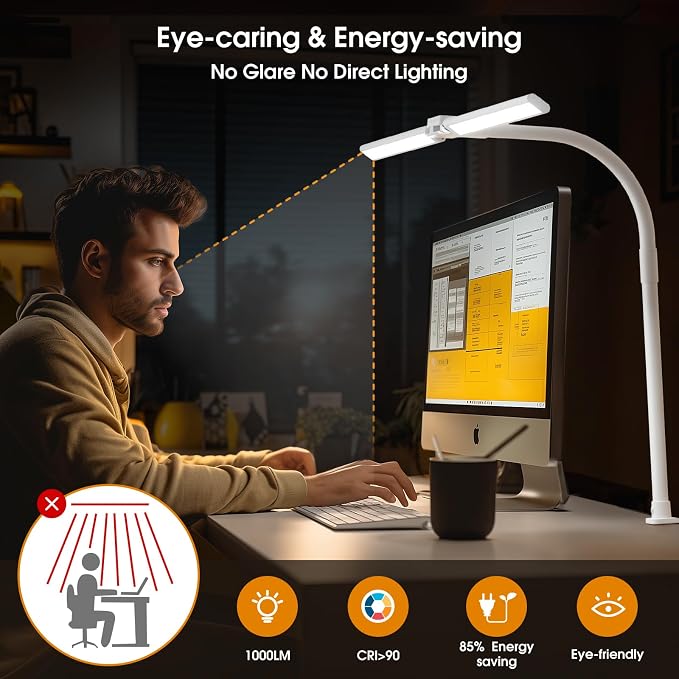 LED Desk Lamp for Home Office - Dimmable Computer Desk Light with Clamp, Modern Architect Task Lamp with Color Changing, Flexible Desktop Lamp with Gooseneck for Monitor, Double Head, White