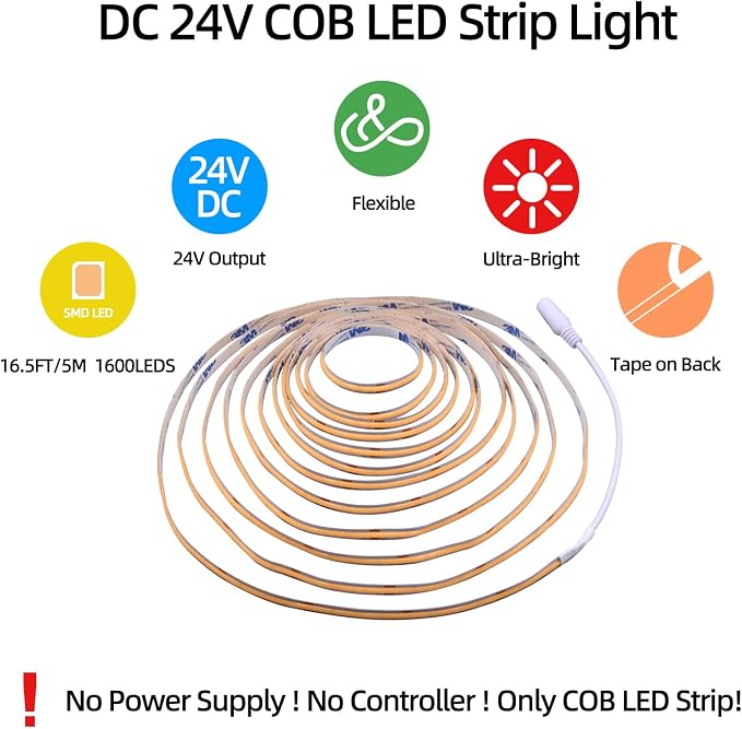 LED Strip Lights 24V COB Warm 3000K 16.4ft/5M (No Power Supply) | Super Bright, Dotless High Density 14W/m, 8mm Width Cuttable Flexible, Home DIY & Commercial Lighting
