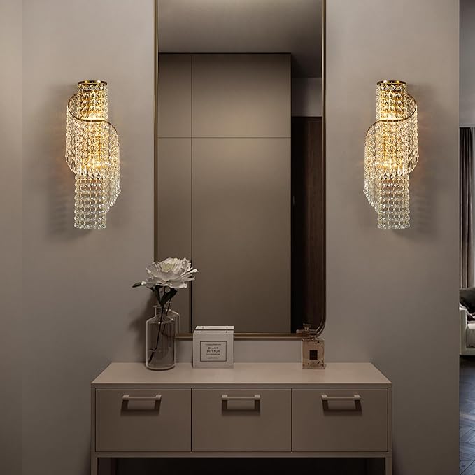 K9 Crystal Wall Sconces Gold - Luxury Indoor Wall Light Fixtures, Crystal Vanity Wall Mount Lamps for Living Room, Bedroom, Bathroom, Bedside, Hallway Stairway(Easy Install) (Golde)