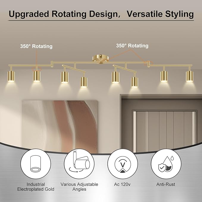 8 Light Track Lighting Fixtures Ceiling, Gold Kichen Track Lighting Fixtures, Rotatable Light Heads, Adjustable Modern LED Track Lights for Kitchen/Hallway, No GU10 Bulb