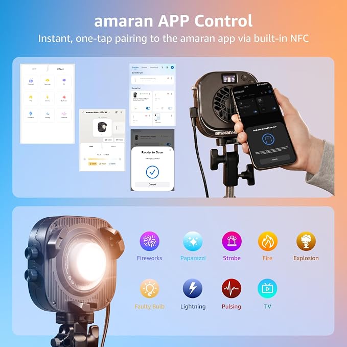 amaran Halo 100x Portable Video Light,100W Bi-Color COB Light | CRI 96+, TLCI 97+ APP Control 2,700K-6,500K Bowens Mount LED Studio Lighting for YouTube Vlog Recording Photography Light