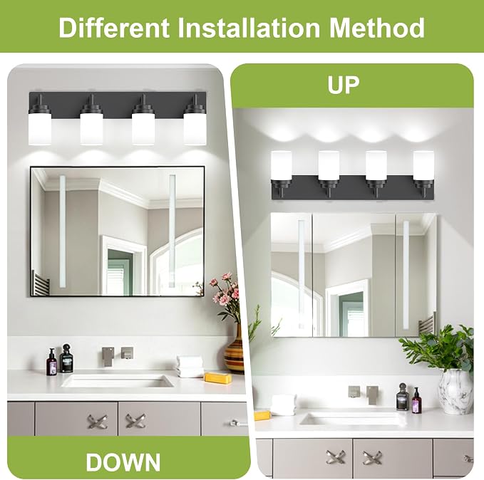 Bathroom Light Fixtures, Matte Black Bathroom Lighting Fixtures Over Mirror, Modern Vanity Light with White Glass Shade, Restroom Lighting Fixtures, 4-Light 30-inch