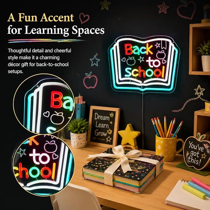 Back to School Neon Sign, Classroom LED, 13.8" x 11"IN | Chalkboard Style, Typography with Apple & Stars, Study Room Decor, For Kids & Teachers