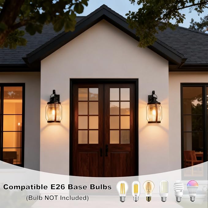 Outdoor Wall Lantern Lights, Black Exterior Wall Sconce Garage Light Fixtures, Farmhouse Outdoor House Lights Wall Mount, Decorative Front Porch Light Waterproof with Barnwood Accents & Glass, 2 Pack