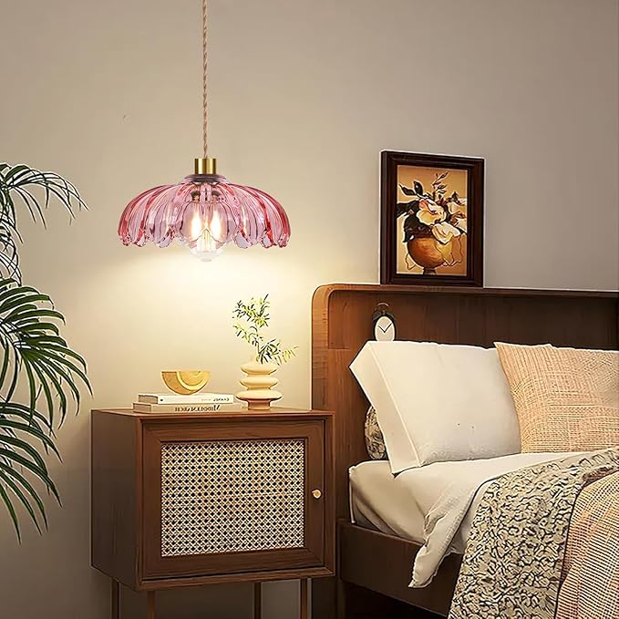 Pink Plug in Pendant Light Hanging Lights with Plug in Cord Boho Hanging Lamp Glass Gold Mid Century Modern Vintage Dimmable Flower Plug in Chandelier Ceiling Fixture for Living Room,Kitchen