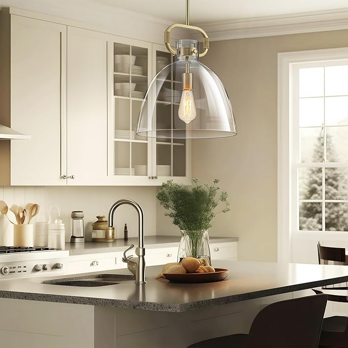 14’’ Large Pendant Lights Kitchen Island, 1-Light Modern Brass Gold Kitchen Island Lighting with Glass Shade, Adjustable Hanging Pendant Light for Dining Room Bedroom Hallway E26