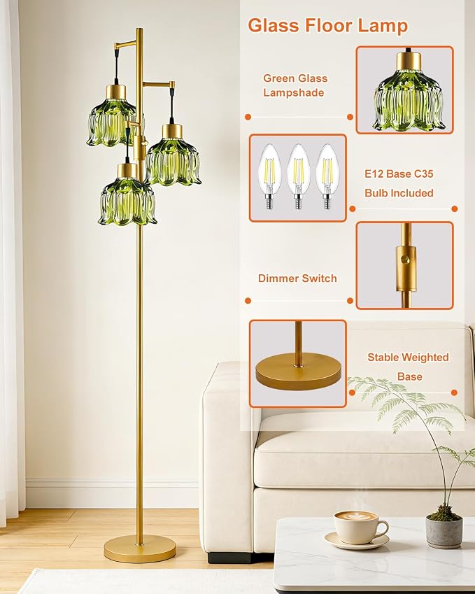 Lightdot 3-Light Floral Floor Lamp 65'' Dimmable Floor Flower Lamp with Green Glass Shade& Bulbs Included, Mid Century Standing Tall Lamp with 5Lbs Heavy Base for Living Room/Bedroom/Sofa Beside-Gold