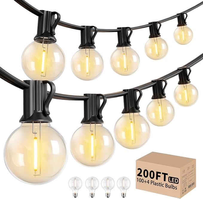 LACHON Outdoor String Lights Waterproof 200 FT with 100 G40 IP65 Bulbs | Dimmable,Connectable,Shatterproof,2700K Warm White,Perfect For Any Outdoor Space,Patio,Backyard,Cafe,Bistro,Porch,Market