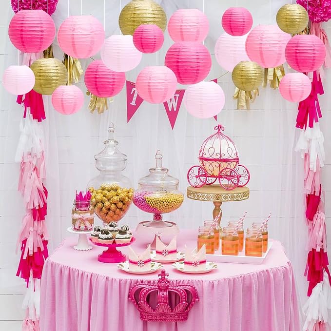 Paper Lanterns Party Decorations, Hanging Round Chinese Lanterns for Graduation Baby Shower Pink Birthday Decorations Pack of 20 Pink Gold