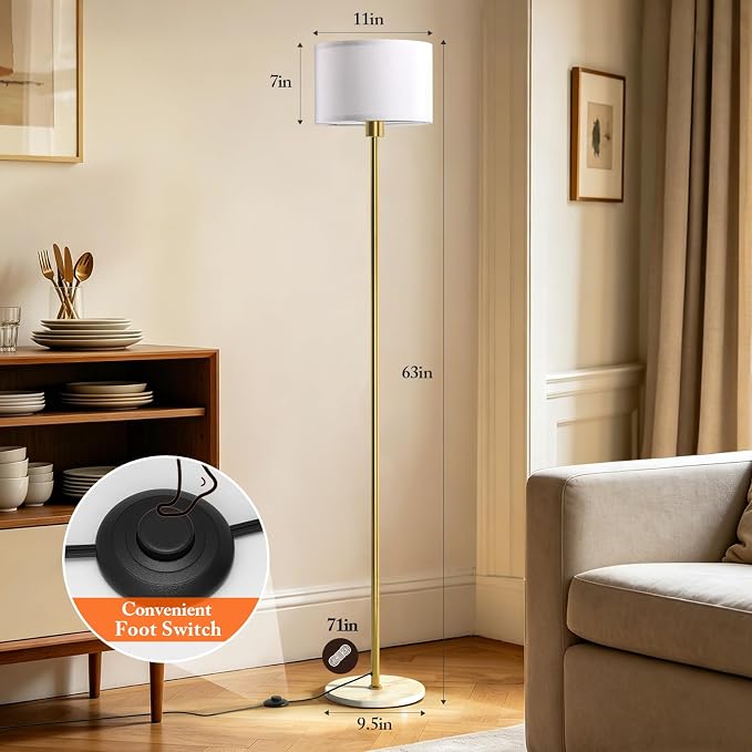 63" Gold Floor Lamp for Living Room, Standing Lamp with Marble Base | Tall Pole Light with White Linen Shade, Modern Floor Lamp for Bedroom Reading Office Corner Nursery, Bulb Included