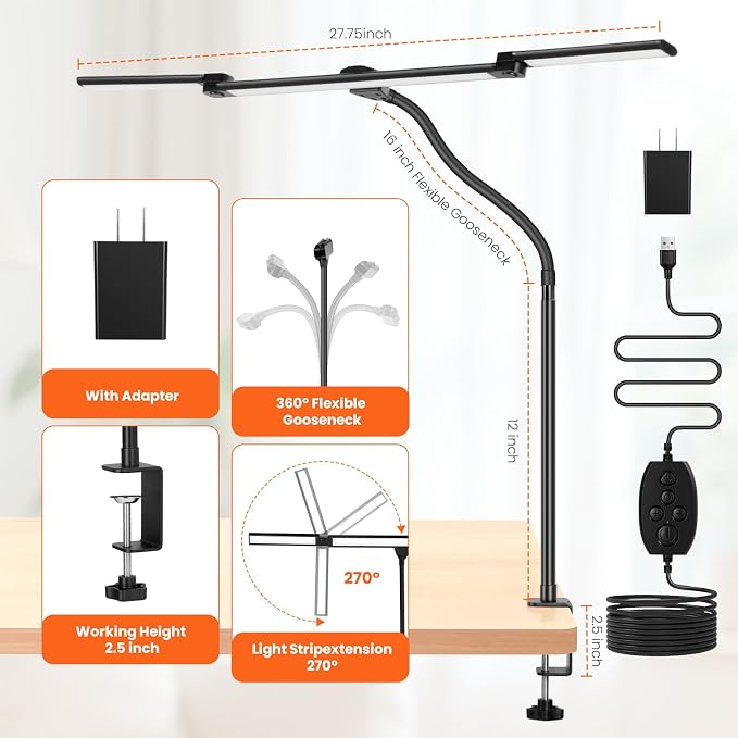 LED Desk Lamp for Office Home, 3 Head Adjustable Desk Light with Adapter | Computer Monitor light Bar Stepless Dimming, Eye Caring Architect Desk Lamp Table Lamp for Reading Study Workbench Black