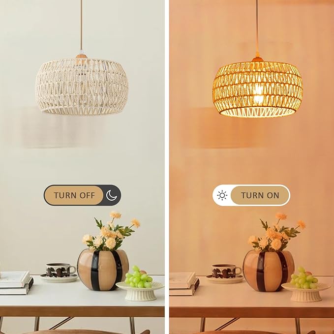 Rattan Pendant Light Fixture,Basket Chandelier Hanging Lights,Cream White Boho Drum Lighting Flush Mount Ceiling Lights Woven Wicker Chandeliers for Kitchen Island Dinning Hallway Bedroom